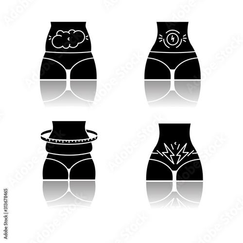 Abdominal pain drop shadow black glyph icons set. Bloating and flatulence. Female weight gain. Stomach ache. Predmenstrual syndrome. Period symptom. Illness and sickness. Isolated vector illustrations