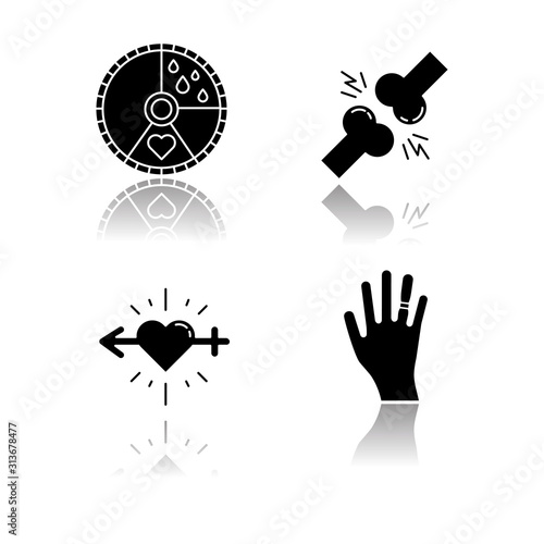Predmenstrual syndrome drop shadow black glyph icons set. Menstrual cycle. Joint pain. Libido racing. Sex drive. Swollen hand. Muscle strain. Gain weight. Sport trauma. Isolated vector illustrations