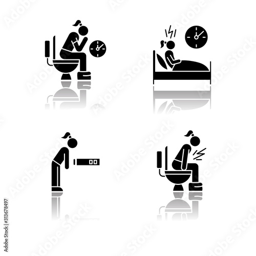 Predmenstrual syndrome drop shadow black glyph icons set. Menstruation symptoms. Constipation and stomach ache. Insomnia. Fatigue, tired girl. Diarrhea, sickness. Isolated vector illustrations