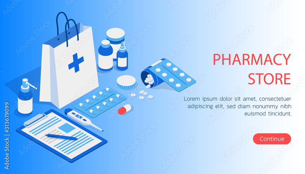 Isometric 3D concept of landing page Online diagnosis of your diseases. Collection of items tablets, medicines, thermometer and tablet vector illustration Isometric 3D concept of landing page Online diagnosis of your diseases. Collection of items tablets, medicines, thermometer and tablet vector illustration