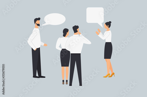 A group of people talk, communicate, argue and discuss business issues.Colleagues share their views. Design graphics in a flat stylish style.Design concept on blue background.Vector illustration