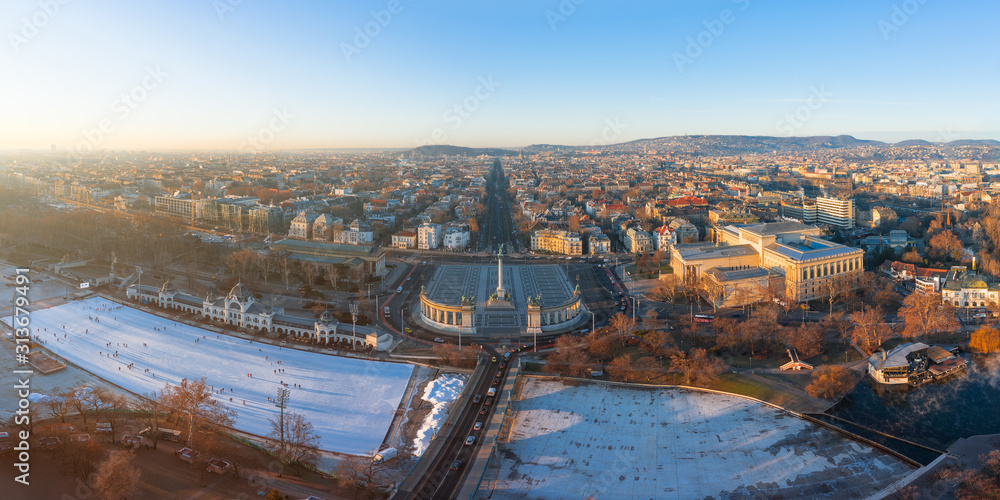 Europe Hungary Budapest Heroes Square Panorama. Ice rink. Museum of fine arts. Andrassy street. Heroes square. Cityscape