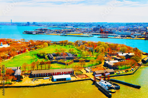 Aerial view of Governors Island in Upper New York Bay, Manhattan area, New York City, America. USA. American architecture building. Panorama of Metropolis NYC photo