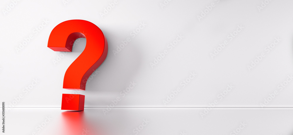 Red Question Mark on white Background against Wall Red Question Mark on white Background against Wall