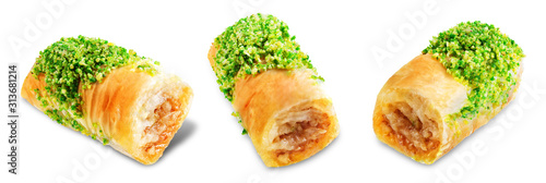 Pistachio nuts baklava, Oriental sweetness on a white isolated background