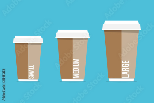 Paper coffee cups different size in flat style. Vector illustration