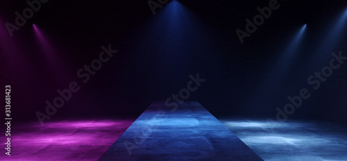Obraz na plátně Empty Neon Purple Blue Catwalk Stage Fashion Podium Dark Night Spot Lights Sci F