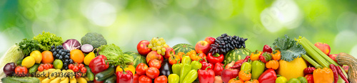 Panorama multicolored fresh fruits and vegetables on green background.