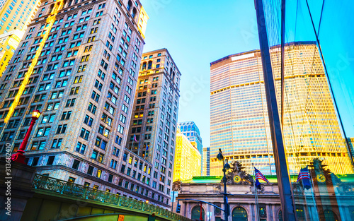 Street view of Entrance in Grand Central Terminal Building, or GCT in Midtown Manhattan, New York City, USA. America. American architecture. Panorama of Metropolis NYC