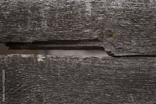 Old wooden texured surface closeup. Moss and relief on surface. Stock photo of old wooden pattern of aged boards with moss. Brown and gray colors on photo.