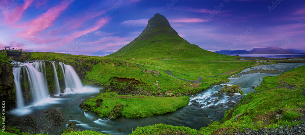 Kirkjufell mountain and waterfall - obrazy, fototapety, plakaty 