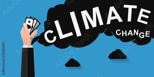 Climate change and economy concept. Black smoke as green house gases symbol coming out of a businessman's sleeve while the hand is holding money.
