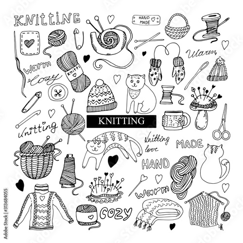 Vector elements of knitting, knitting needles, hooks, clews, seals, sweaters, mittens, basket, pins, spools of thread, yarn, scissors for decoration and design of printing, textiles, cards, coloring b