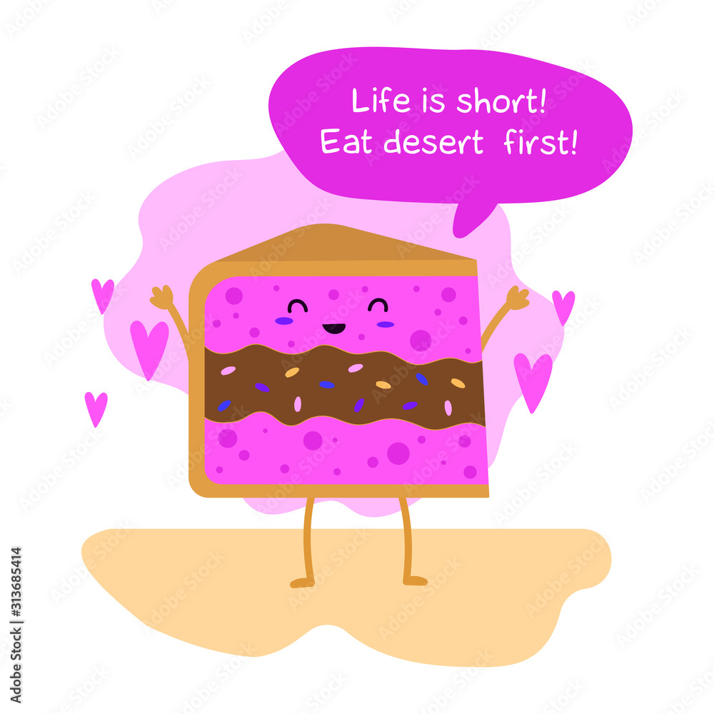 piece of cake rejoices and waves his hands with a pink heart. Sweet summer. Coffee house. Sweets. piece of cake rejoices and waves his hands with a pink heart. Sweet summer. Coffee house. Sweets.