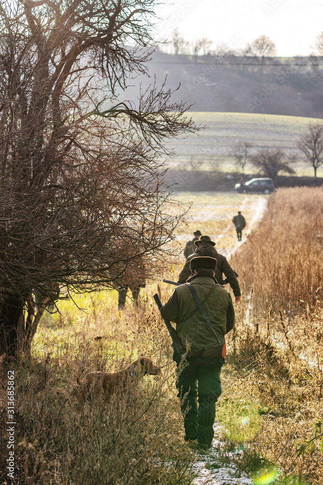 Scenic view of hunter waiting for a prey. Gamekeeper walks over field. Scenic view of hunter waiting for a prey. Gamekeeper walks over field.
