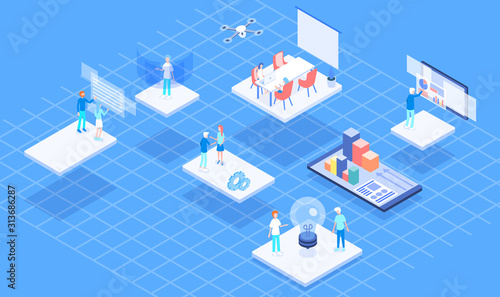Isometric vector concept landing page virtual platform office 3d illustration.