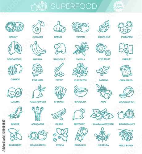 Superfoods line vector icons. Health and diet