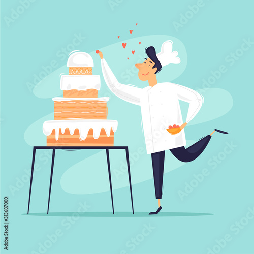 Baker baked cake, confectioner. Flat design vector illustration.