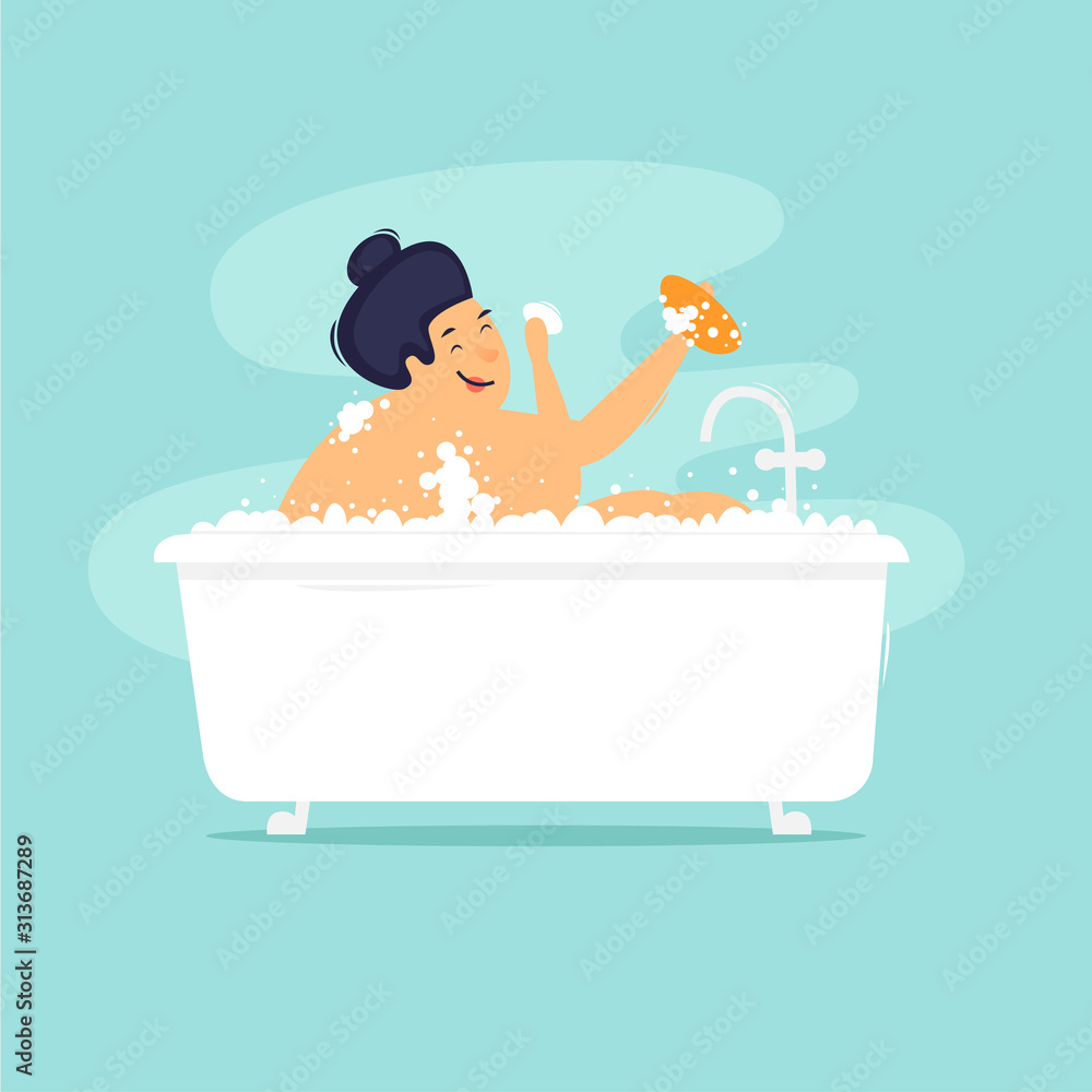 Naklejka premium Woman takes a bath. Flat design vector illustration.