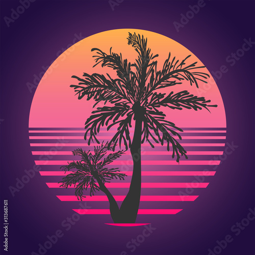  Synthwave 80s retro neon landscape with palm tree