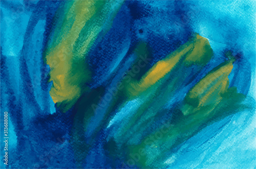 Light blue and yellow colorful watercolor abstract vector background. Hand drawn sky blue and green brush strokes