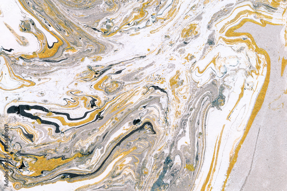 White and yellow marble texture background. Trendy oil paint mixing, shades blending effect backdrop.