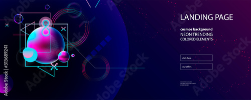 Landing page on a dark background space neon trending colored for presentation or for magazine