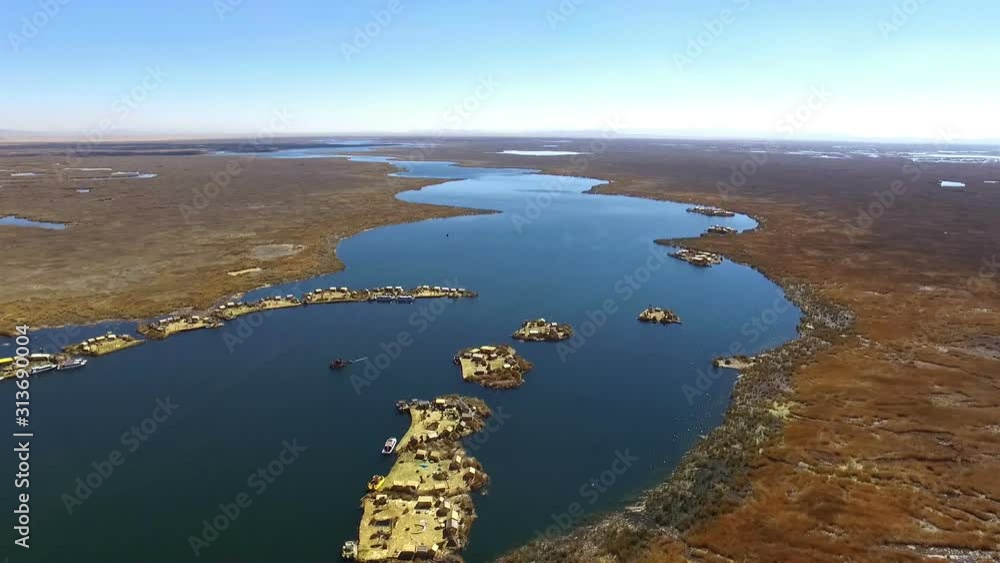 Uros floating islands in Peru aerial drone top point of view. The