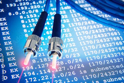 Fiber optic cables for backbone lines on blue network background