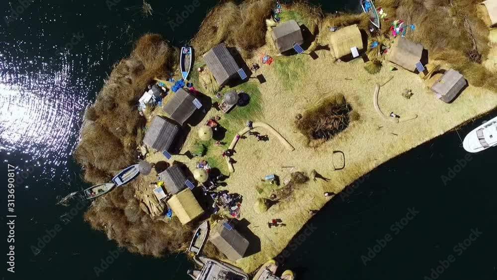 Uros floating islands in Peru aerial drone top point of view. The