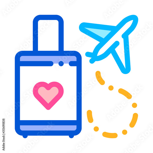 Valise And Airplane Honeymoon Trip Vector Icon Thin Line. Valise With Love Symbol Heart Linear Pictogram. Party Preparation And Marriage Template Contour Concept Illustration