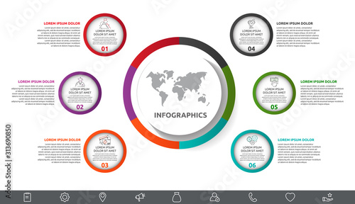 Vector infographic with main circle and 6 small circles.. Circles with icons for six diagrams, graph, flowchart, timeline, marketing, presentation. Creative business concept