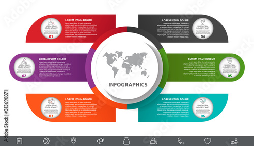 Vector infographic with main circle and 6 labels. Circles with icons for six diagrams, graph, flowchart, timeline, marketing, presentation. Creative business concept