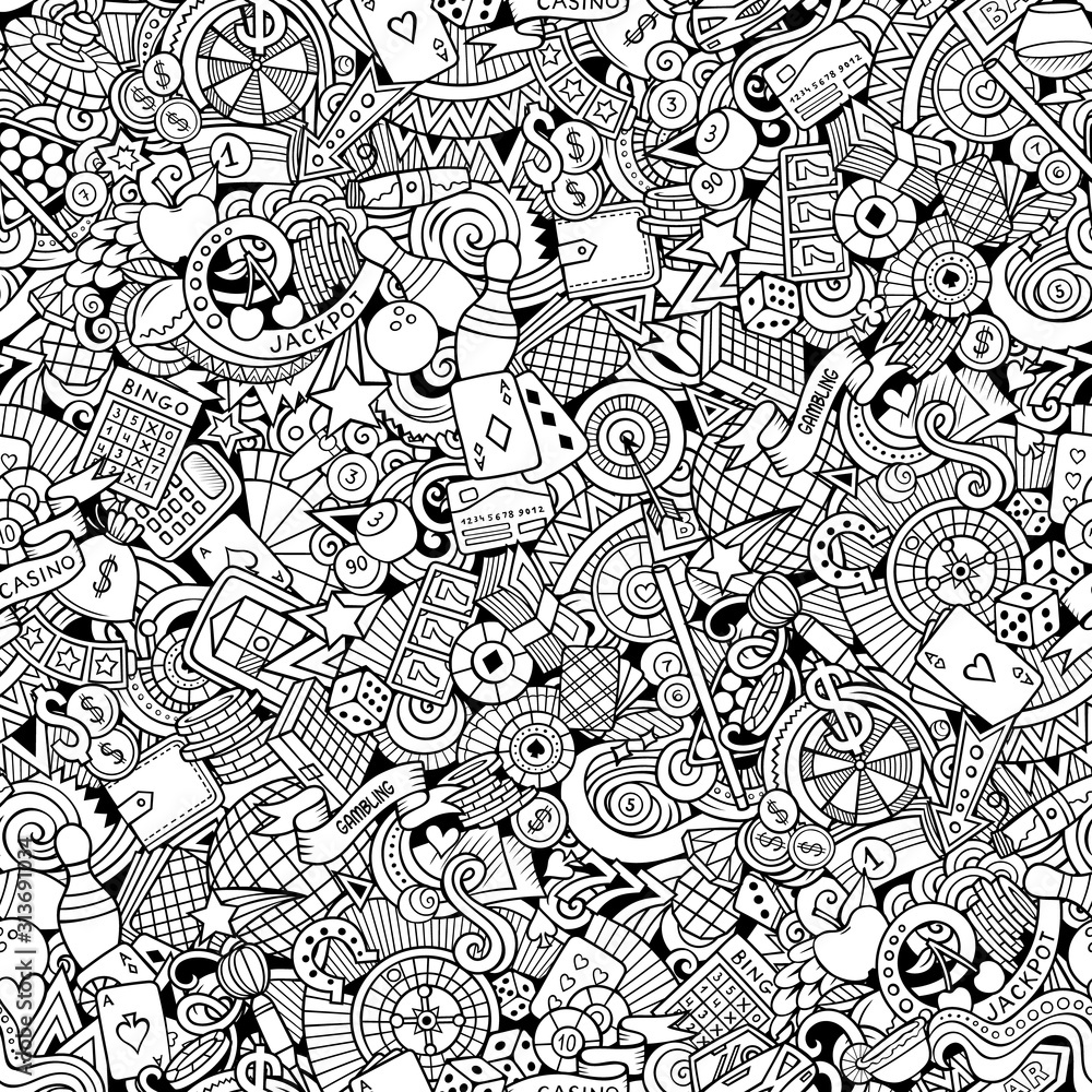 Cartoon cute doodles hand drawn Casino seamless pattern.