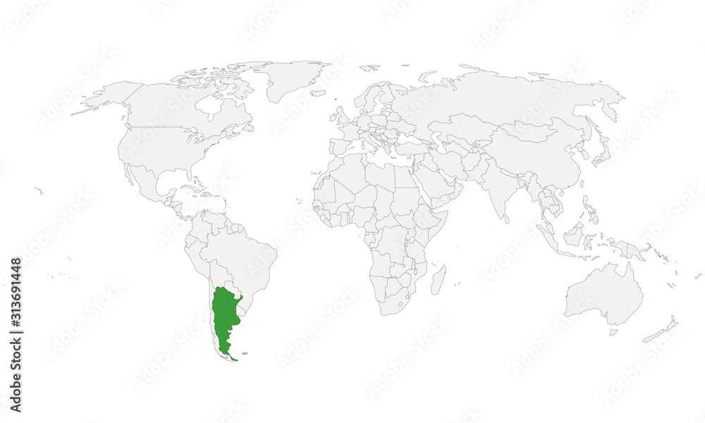 Argentina highlighted on world map vector. Light gray background. Perfect for backgrounds, backdrop, poster, label, business concepts, sticker, wallpapers etc. Argentina highlighted on world map vector. Light gray background. Perfect for backgrounds, backdrop, poster, label, business concepts, sticker, wallpapers etc.