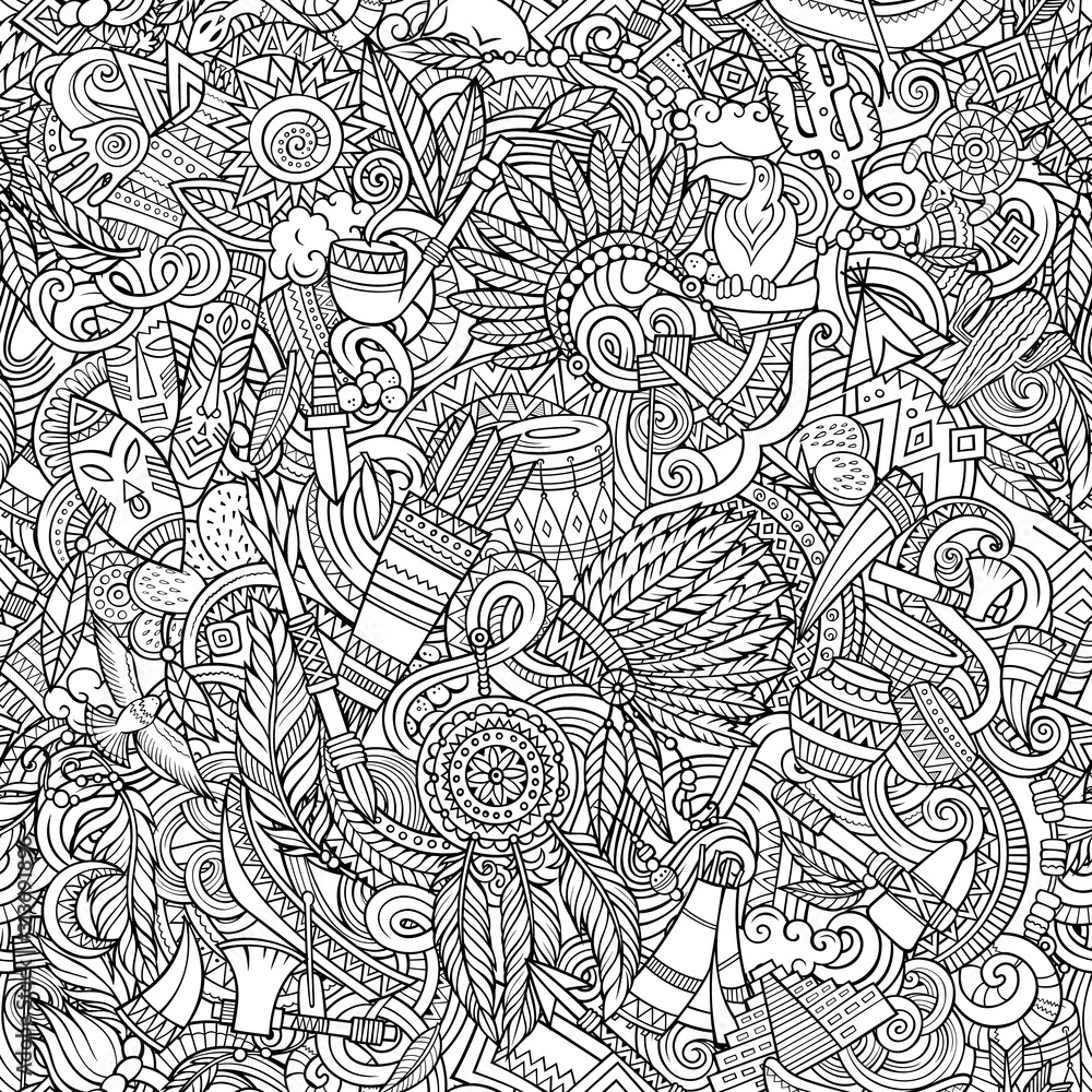 Fototapeta premium Cartoon cute doodles hand drawn Native American seamless pattern.