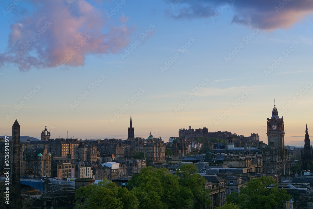 View over Edinburgh from Calton Hill during sunset