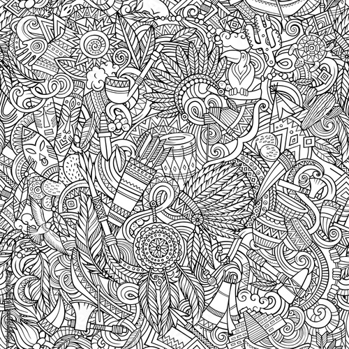 Cartoon cute doodles hand drawn Native American seamless pattern.