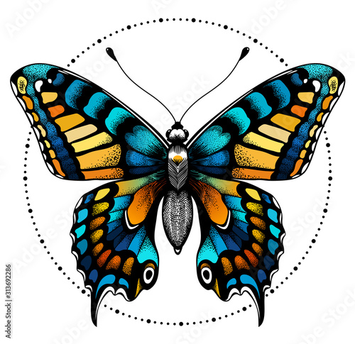 Tattoo butterfly in circle of beads. Beauty symbol
