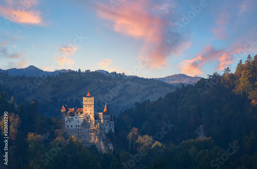Bran or Dracula Castle in Transylvania, Romania. The castle is located on top of a mountain,