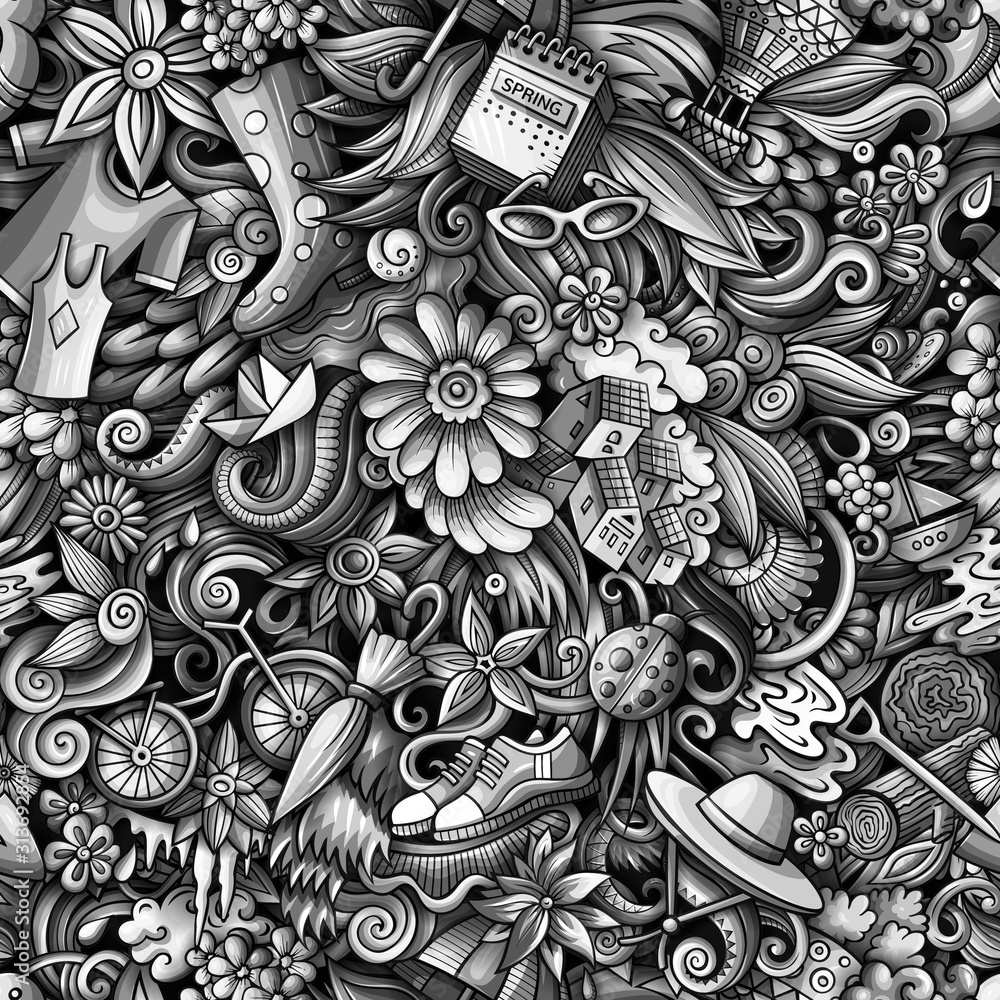 Cartoon cute doodles hand drawn Spring seamless pattern. Cartoon cute doodles hand drawn Spring seamless pattern.