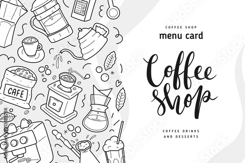 Coffee shop vector banner with lettering, outline simple illustrations of tools and accessories for brewing coffee, rectagle composition. Trendy doodle style drawings. photo