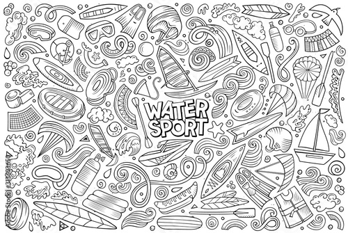Vector doodle cartoon set of Water sport objects and symbols
