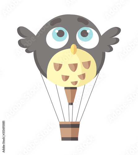 Flat illustration of hot air-balloon. Owl bird cartoon flying entertainment festival balloon outdoor. Travel, sky transport illustration