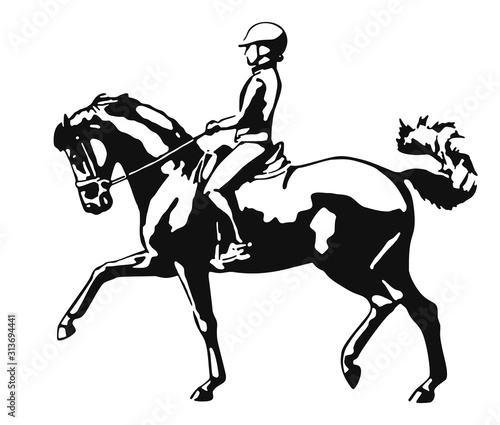 Monochrome image of a rider on a horse