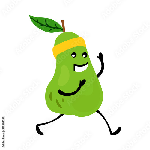 Sport running pear character. Funny fruit food on sport exercises, fitness vitaminic human healthy nutrition vector illustration