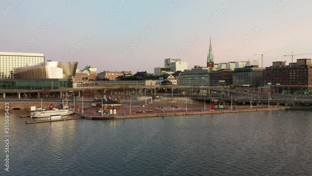 Stockholm City waterfront & skyline, aerial forward movement Stockholm City waterfront & skyline, aerial forward movement