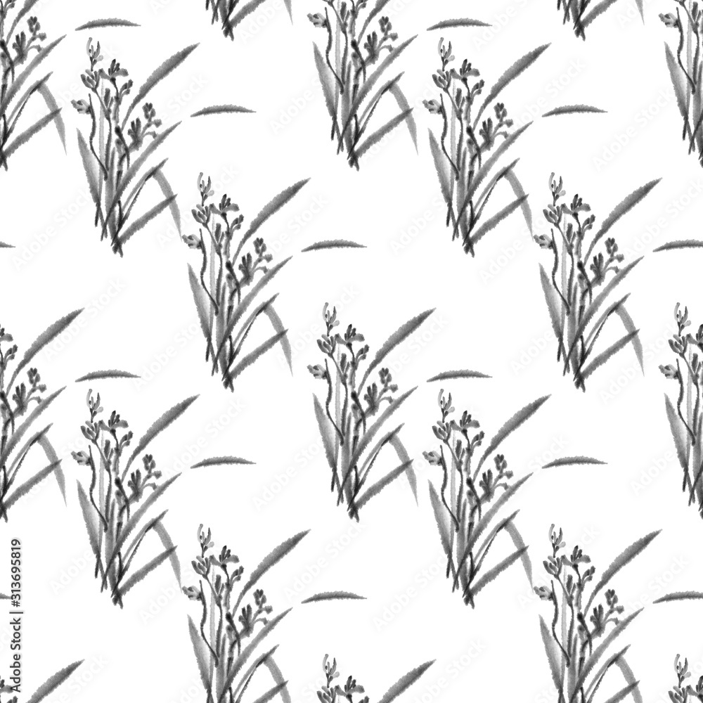 Pattern. Wild Orchid. Black and white ink image. Chinese, japanese style. Graphic arts. Background with flowers. Flowers and leaves. Pattern. Wild Orchid. Black and white ink image. Chinese, japanese style. Graphic arts. Background with flowers. Flowers and leaves.