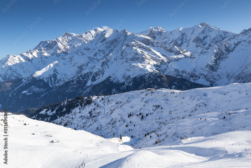 A view of Mont Blanc in the French Alps on a blue sky day