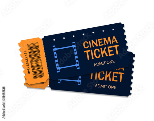Two ticket of cinema for movie. Template red VIP entry pass tickets for theater, festival, cinema on isolated background. Pass ticket on film. 3d paper coupon icon. vector